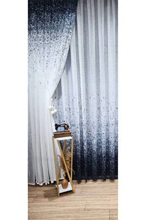 Lacivert Renk Geçişli Serpinti Tek Kanat Tül Fon Perde Sol