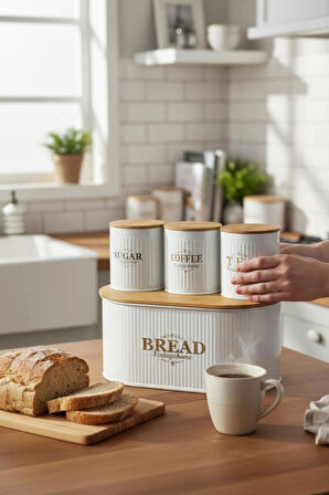 Bambu Kapaklı Metal Ekmeklik & Kavanoz Seti – Modern Mutfak Düzeni