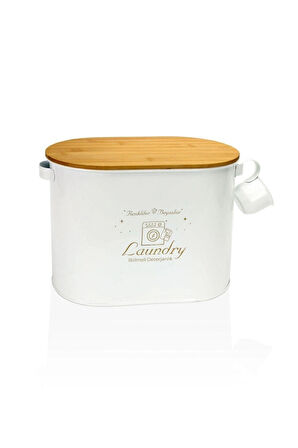 12 Lt Bambu Kapaklı Ölçekli Metal Toz Deterjan ve Tablet Saklama Kutusu – Beyaz