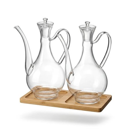2'li Cam Yağdanlık Seti 750+750 ml Bambu Stant Glory Borosilikat Sirkelik – El Üretimi Yağ, Sirke ve