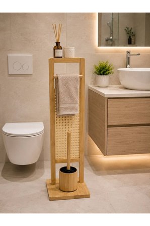 Dikdörtgen Bambu Banyo Takımı Tuvalet Kağıtlığı ve WC Fırça Seti