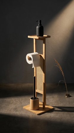 Dikdörtgen Bambu Banyo Takımı Tuvalet Kağıtlığı ve WC Fırça Seti