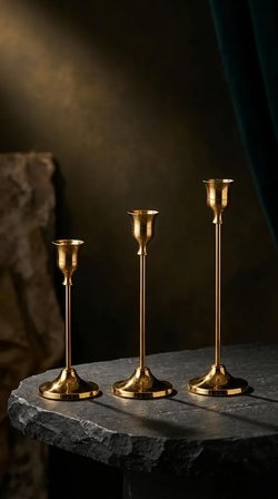 3'lü Metal Şamdan Seti Gold Renk Şamdanlık Klasik Mumluk Seti  Çan Model 16-19-22 cm