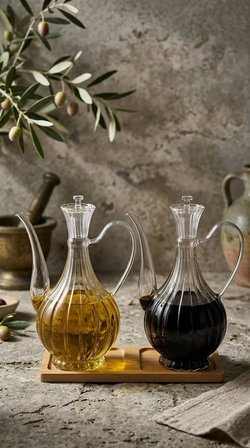 2li Cam Yağdanlık 750ml+750 Ml Glory Çizgili Bambu Stantlı  Borosilikat Sirkelik – El Üretimi Yağ, S