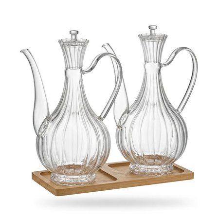 2li Cam Yağdanlık 750ml+750 Ml Glory Çizgili Bambu Stantlı  Borosilikat Sirkelik – El Üretimi Yağ, S