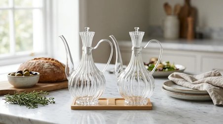 2li Cam Yağdanlık 750ml+750 Ml Glory Çizgili Bambu Stantlı  Borosilikat Sirkelik – El Üretimi Yağ, S