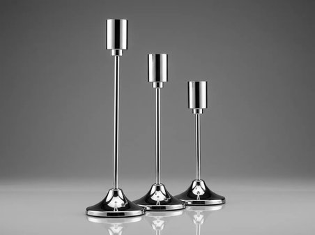 3'lü Metal Şamdan Seti Gümüş Renk Şamdanlık Klasik Mumluk Seti 16-19-22 cm