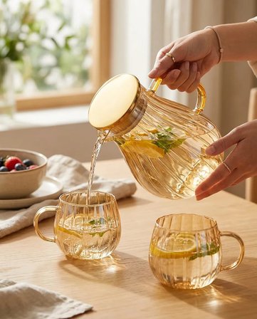Modern Borosilikat Dilimli 1800 ML Cam Sürahi ve 300ml 2li Bardak  | Çay, Meyve Detoksu ve Soğuk İçe