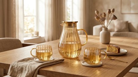 Modern Borosilikat Dilimli 1800 ML Cam Sürahi ve 300ml 2li Bardak  | Çay, Meyve Detoksu ve Soğuk İçe