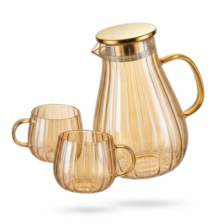 Modern Borosilikat Dilimli 1800 ML Cam Sürahi ve 300ml 2li Bardak  | Çay, Meyve Detoksu ve Soğuk İçe