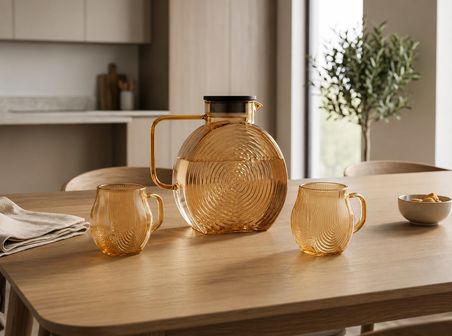 Borosilikat Cam Amber Salyangoz Desenli Filtreli Sürahi 2500 ML ve 2 adet 300 ml Bardak 