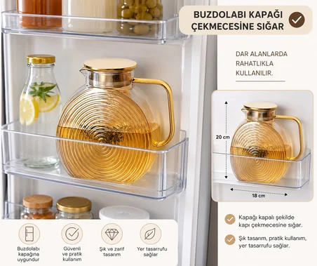 Borosilikat Cam Şeffaf Salyangoz Desenli Filtreli Sürahi 2500 ML | Buzdolabı Kapağına Uygun | Isıya 