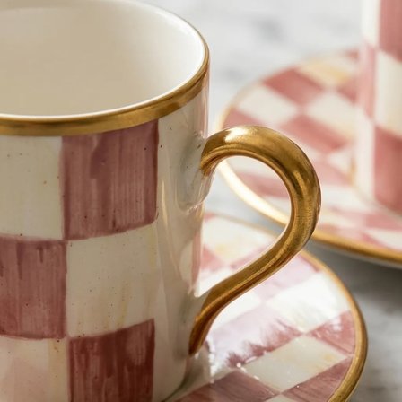 Pembe Ekose Desenli Türk Kahvesi Fincan Takımı 2 Kişilik, Altın Detaylı Porselen Kahve Fincanı Seti