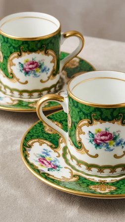 Yeşil Çiçek Desenli Türk Kahvesi Fincan Takımı 2 Kişilik, Altın Detaylı Porselen Kahve Fincanı Seti