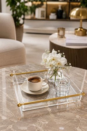 Kahve Yanı Servis Tepsisi Kulplu Şeffaf 25x20 CM  Pleksi Lüks Dekoratif Sunum Tepsisi