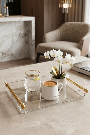 Kahve Yanı Servis Tepsisi Kulplu Şeffaf 25x20 CM  Pleksi Lüks Dekoratif Sunum Tepsisi
