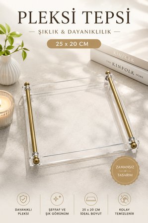 Kahve Yanı Servis Tepsisi Kulplu Şeffaf 25x20 CM  Pleksi Lüks Dekoratif Sunum Tepsisi