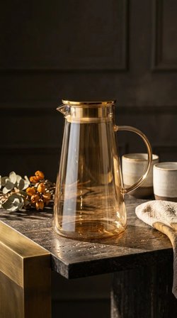 Premium Borosilikat Cam Gold Sürahi 1.9 L | Isıya Dayanıklı Çay & Detoks Sürahisi