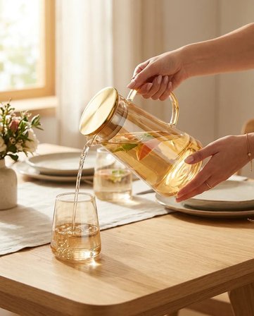 Premium Borosilikat Cam Gold Sürahi 1.9 L | Isıya Dayanıklı Çay & Detoks Sürahisi