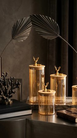 4'lü Borosilikat Cam Geyik Figürlü Kavanoz Mutfak Seti 500-750-1000-1200 Ml Amber