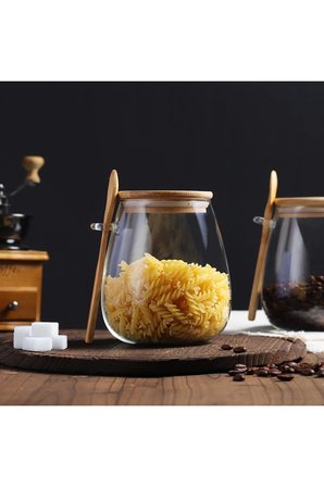 600 Ml 3lü Borosilikat Cam Bambu Kapaklı Kavanoz Baharatlık Seti 
