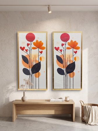 Dikey Modern  Detaylı 2'li Ahşap Çerçeveli Duvar Tablo Seti (44x22 cm) (TURUNCU YAPRAKLI) 001