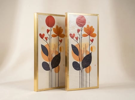 Dikey Modern  Detaylı 2'li Ahşap Çerçeveli Duvar Tablo Seti (44x22 cm) (TURUNCU YAPRAKLI) 001