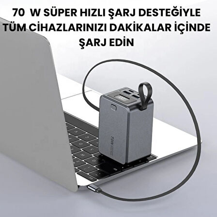 SMAYLİNG 20000 mAh 70W Süper Hızlı Şarj Powerbank – Dahili Type-C Kablo, Çoklu Çıkış, LED Ekranlı Taşınabilir Şarj Cihazı
