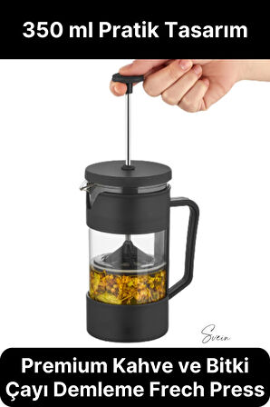 Premium Kahve ve Bitki Çayı Demleme Hazırlayıcı French Press Pratik Kulplu Demlik 350 ml Siyah