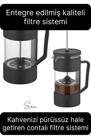 Premium Kahve ve Bitki Çayı Demleme Hazırlayıcı French Press Pratik Kulplu Demlik 350 ml Siyah