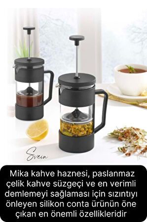 Premium Kahve ve Bitki Çayı Demleme Hazırlayıcı French Press Pratik Kulplu Demlik 350 ml Siyah