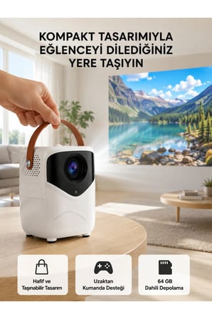 Mini Akıllı Projektör – 1080P Full HD, 64GB Depolama, 2GB RAM, Uzaktan Kumanda Destekli Yeni Nesil
