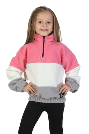 Kız Çocuk Dik Yaka Fermuarlı Sweatshirt-Kazak Beli Lastikli Çok Renkli Kışlık Polar Sweat — Pembe-Ekru-Gri