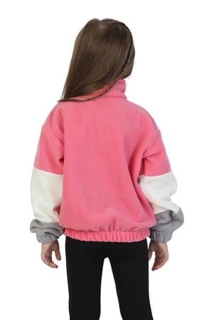 Kız Çocuk Dik Yaka Fermuarlı Sweatshirt-Kazak Beli Lastikli Çok Renkli Kışlık Polar Sweat — Pembe-Ekru-Gri