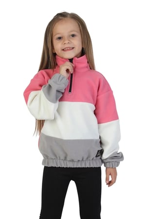 Kız Çocuk Dik Yaka Fermuarlı Sweatshirt-Kazak Beli Lastikli Çok Renkli Kışlık Polar Sweat — Pembe-Ekru-Gri