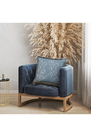 Çiçek Tasarımlı Mavi Yastık/Kırlent (Dolgu Boncuk Elyaf, Ulusl. Yıkama Ve Solmama Sertifikası)