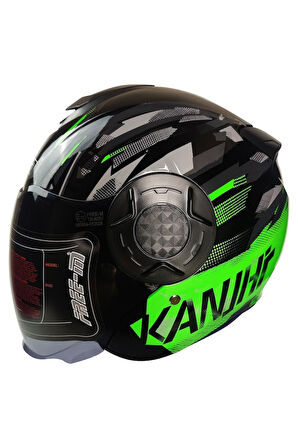 Motosiklet Yarım Kask Double Güneş Vizörlü Ece Sertifikalı Abs Material Motor Kaskı Green Arrow
