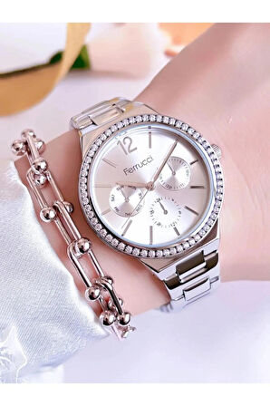 Ferrucci Silver Çelik Kordon Kadın Kol Saat+Bileklik Hediye