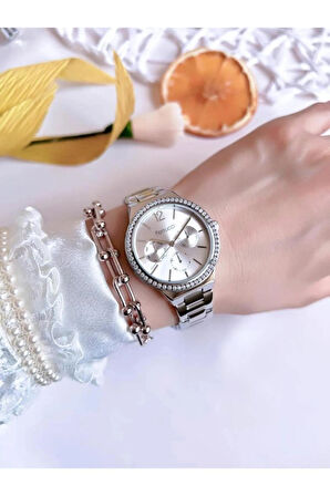 Ferrucci Silver Çelik Kordon Kadın Kol Saat+Bileklik Hediye