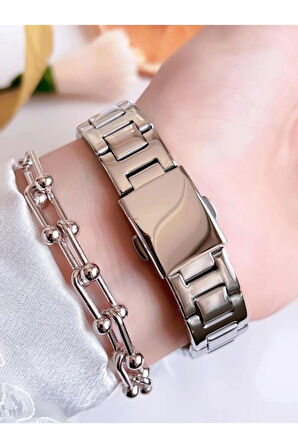 Ferrucci Silver Çelik Kordon Kadın Kol Saat+Bileklik Hediye