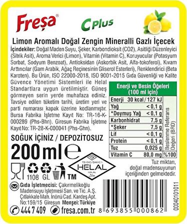 Freşa C Plus Limon Aromalı Maden Suyu 200 Ml X 24 Adet