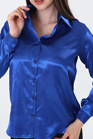 Kadın Hafif Dökümlü Sax Mavi Saten Gömlek