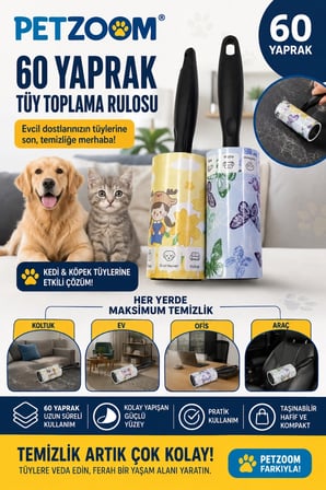Hediyelik 60 Yaprak Tüy Toplama Rulosu Kedi Köpek Tüy Toplayıcı Ev Koltuk Araç Ofis Temizlik Rulosu