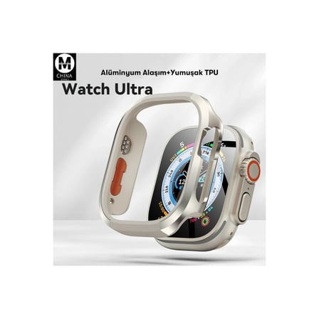 Hediyelik Apple Watch Ultra 49mm Mo-wt3 Alüminyum Camlı Kasa Ekran Koruyucu - Gold