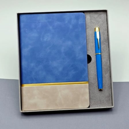 Hediyelik Gold Şeritli Mavi Defter Ve Kalem Seti