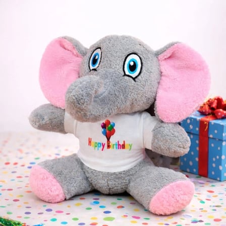 Hediyelik Toptan Happy Birthday Tişörtlü Peluş Oyuncak Fil