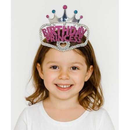 Hediyelik Gümüş Renk Taç Üzeri Pembe Birthday Prenses Yazılı Çocuk Parti Tacı 11X12 cm