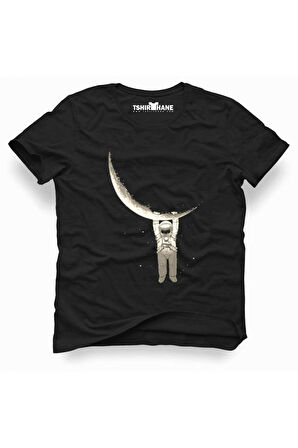 Ayda Tutunan Astronot Erkek Baskılı Siyah Tshirt