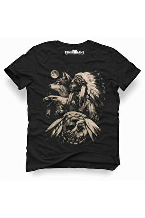 Kızılderili Kurt Erkek Baskılı Siyah Tshirt