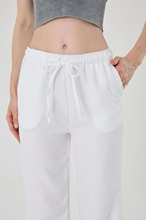 Kadın Beyaz Keten Karışımlı Bol Kesim Pantolon